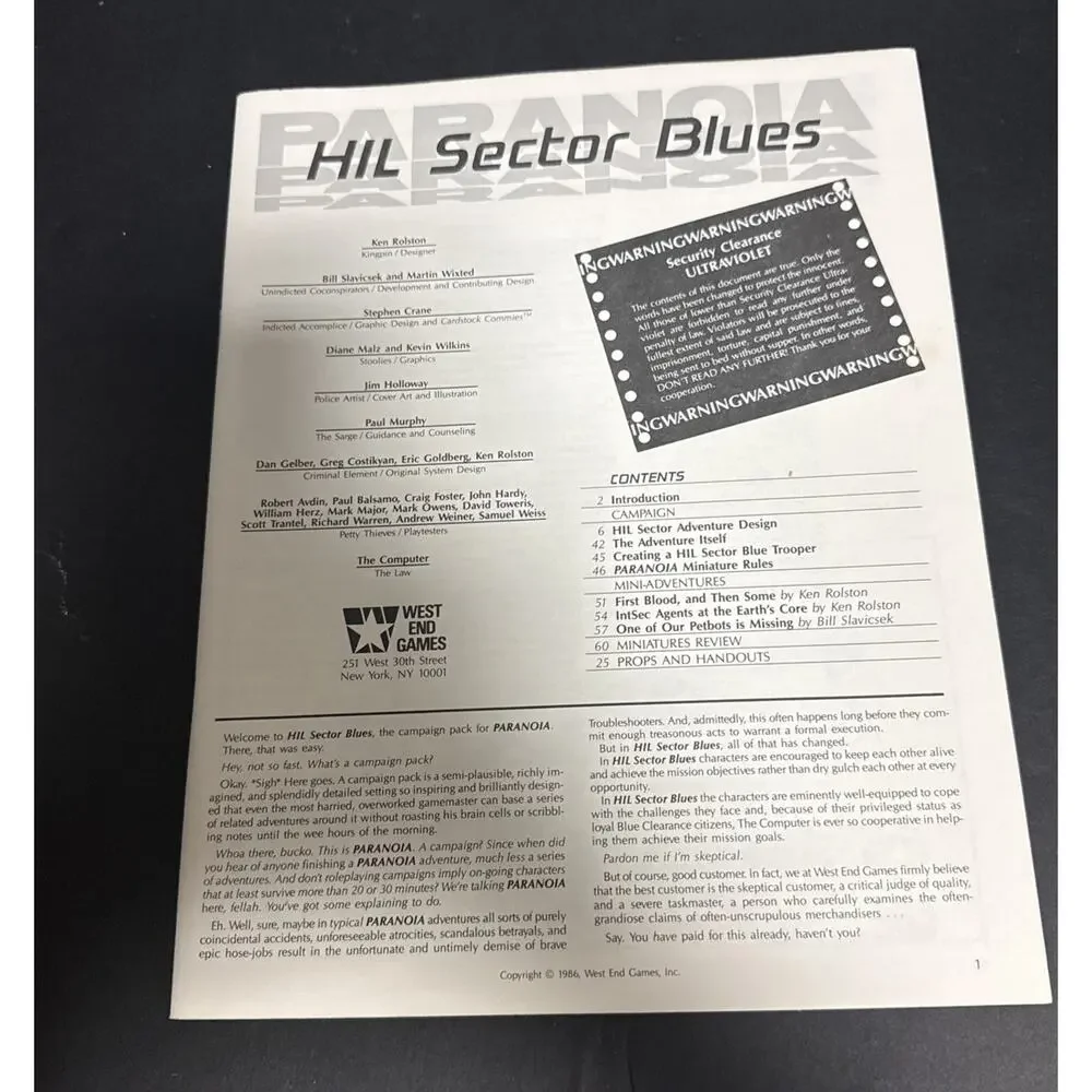 Paranoia Hil Sector Blues Campaign Pack West End Games 1986 Complete 80109